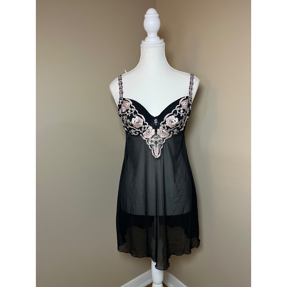 Gilligan & O'Malley Black Sheer Mesh Pink Floral Embroidered Babydoll 36B